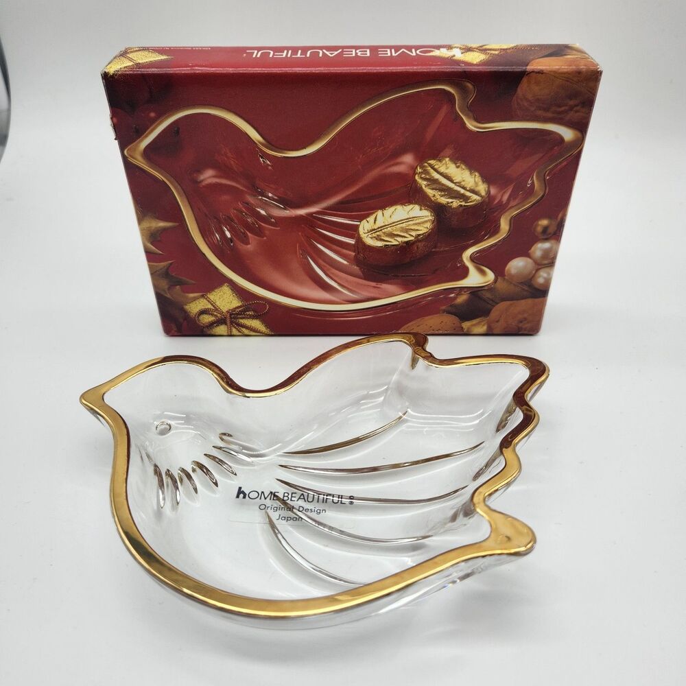 HOME BEAUTIFUL JAPAN PEACE DOVE SHAPED GLASS CANDY DISH GOLD THICK RIM